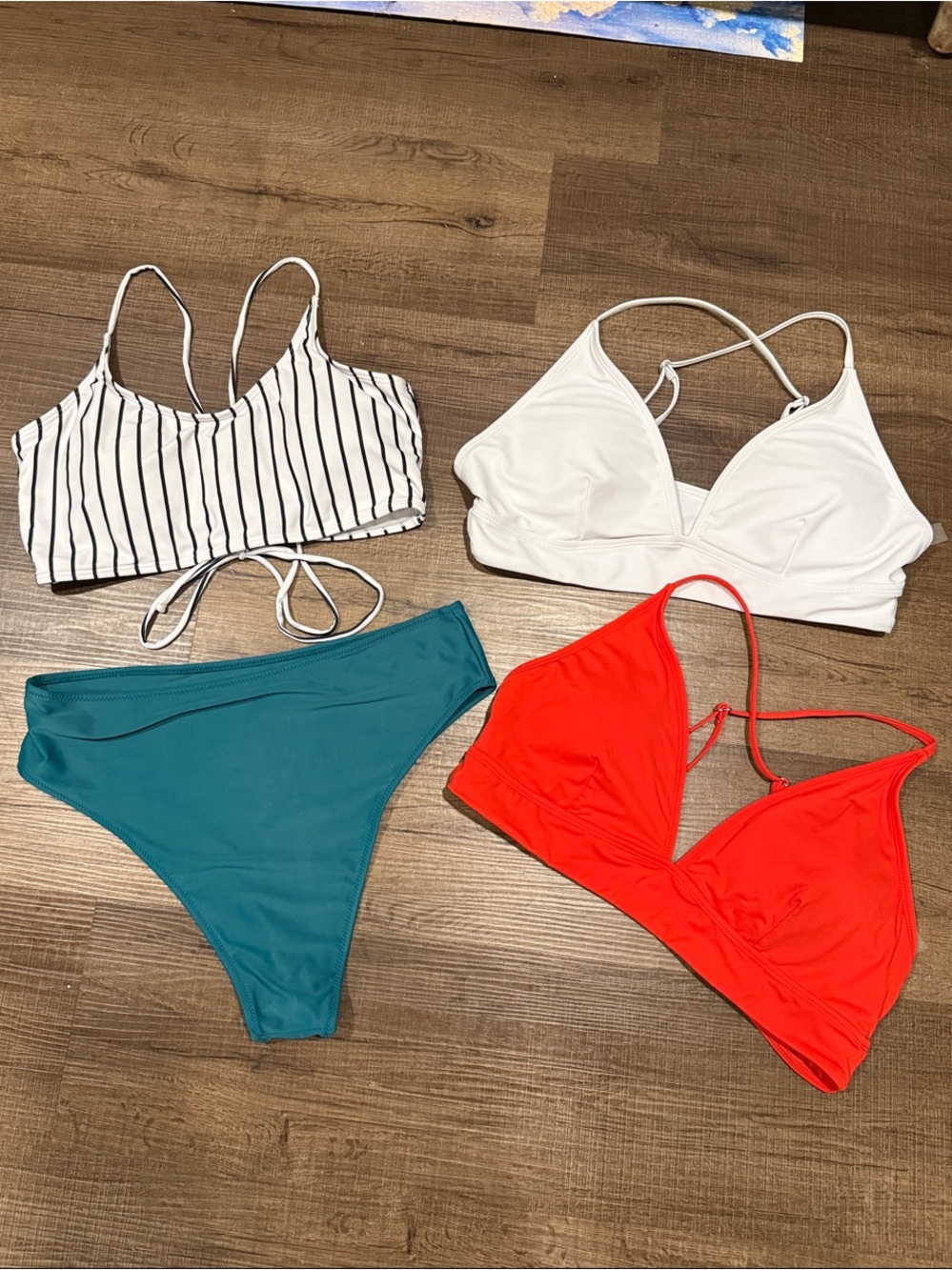 SHEIN White, Red, Teal & Black-Striped Women’s Bikini Tops and Bottom